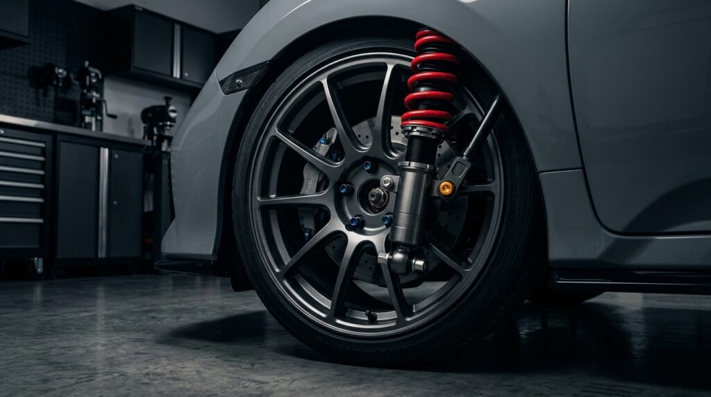 Honda Civic dengan setup coilover ceper menunjukkan stance rendah dan fitment wheel yang kemas